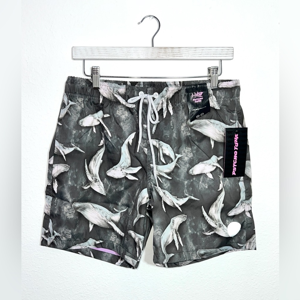 NWT Psycho Tuna Medium‎ Whale Print Charcoal 
Board Shorts Swim Trunks